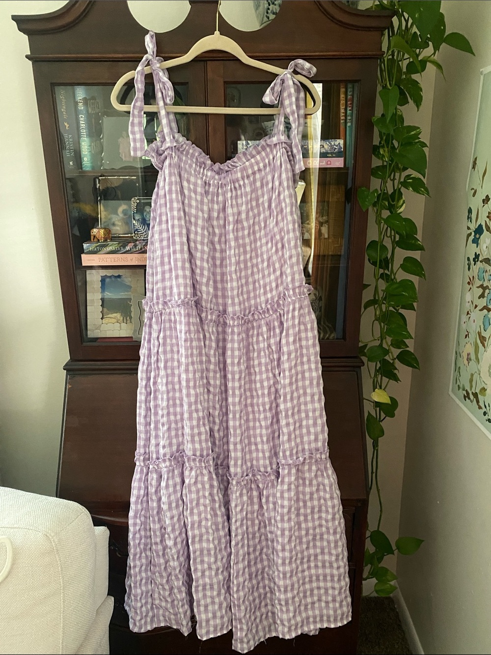 &merci Lavender Gingham Tie-Shoulder Tiered Sundress